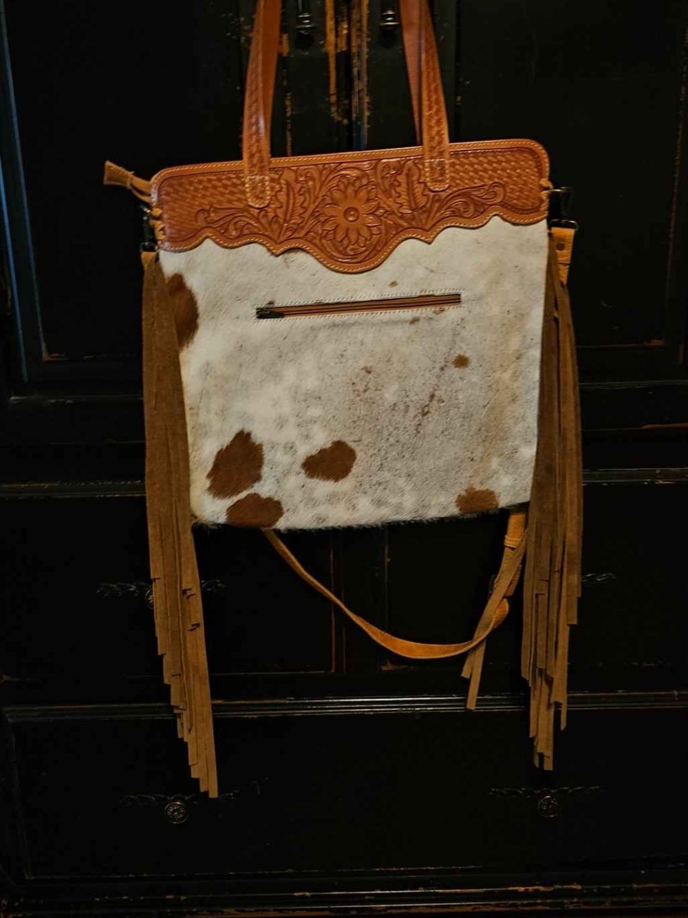 Tan and Cream Western Cowhide Tote Bag with Leather Trim - Picture 2 of 5